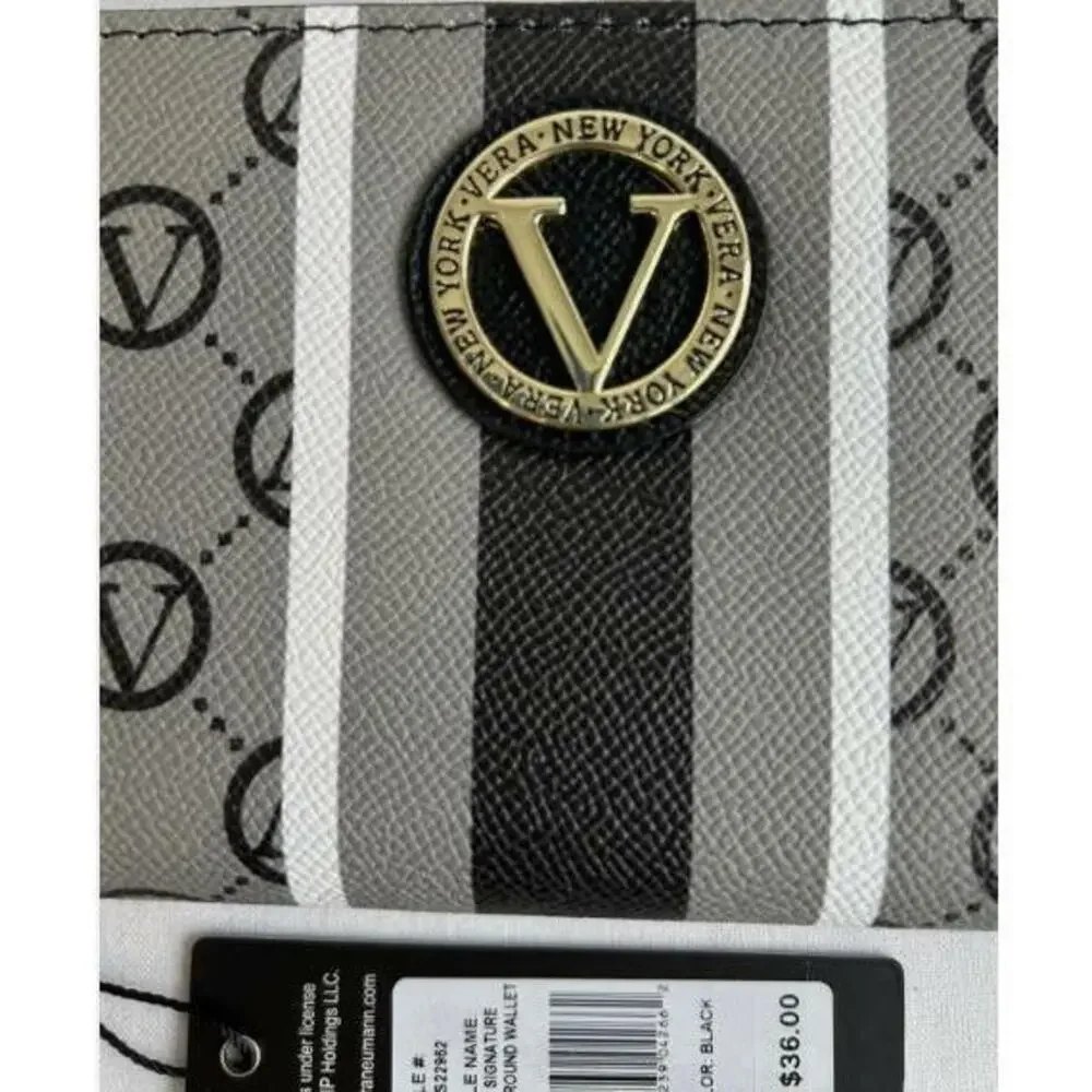 Vera New York Zip Around Wallet Gray/Black Stripe Designer NWT